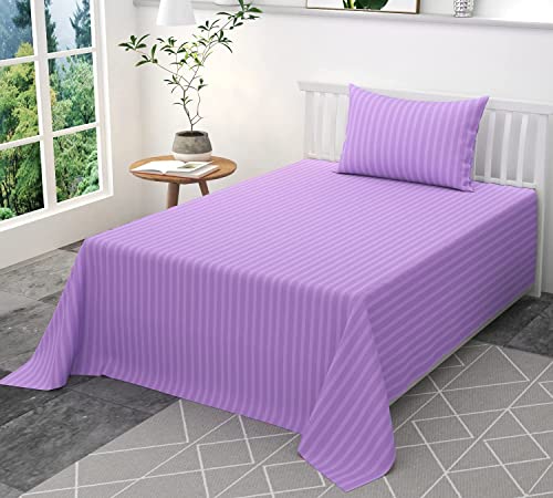 Image of 300 TC Glace Cotton Plain Stripe Queen Size Single Bedsheet with 1 Pillow Cover for Home, Hotel, Guest Room (60 X 90) Inch Red Pack 1
