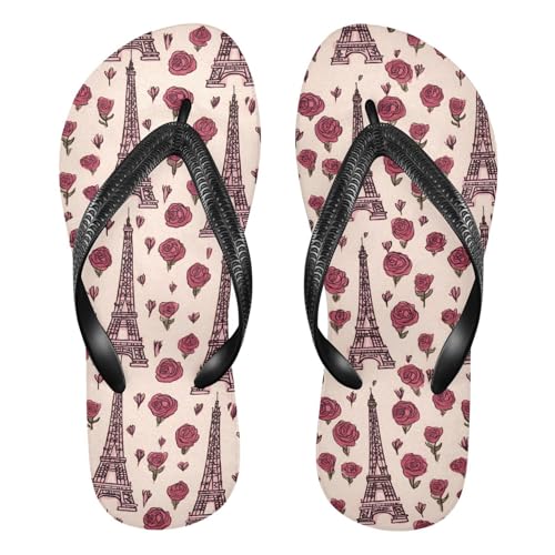 ALAZA Romantic Eiffe Tower Red Rose Flip Flops for Women Fashion Beach Slippers Comfort Mens Flip Flops Non-Slip Rubber Shower Slippers Sandal for Hotel Travel Sport,XS