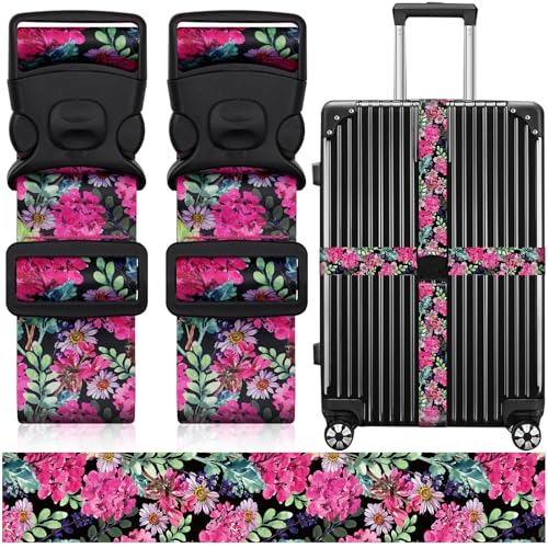 Image of 2 Pack Luggage Straps for Suitcases, Adjustable Travel Belt with Double Lock and Quick Release Buckle, Heavy Duty Nylon Bag Packing Strap, Bright Identifiers Business Travel Accessories-Pink Flowers