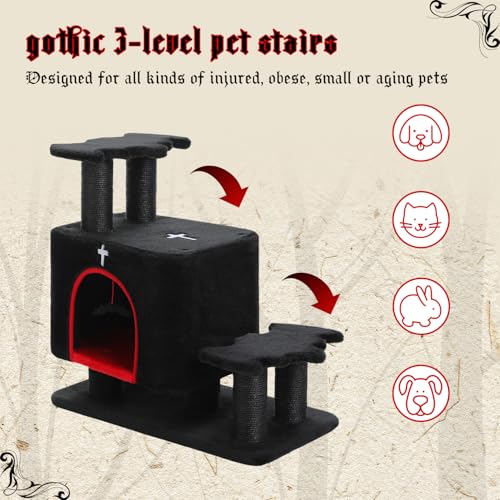 Image of Gothic 3-in-1 Dog Stairs & Cat Scratching Post with Condo - Pet Steps for High Beds, Sofa & Couch, 3-Tier Cat Tower with Sisal Scratching Pad for Small Dogs, Cats & Kittens, Black