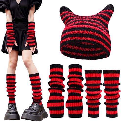 Utensilsto Y2k Wintermützen mit Katzenohren Stricken gestreifte Arm-und Beinwärmer modische Y2k-Accessoires Outdoor-Aktivitäten für Frauen und Mädchen(Schwarz + Rot)