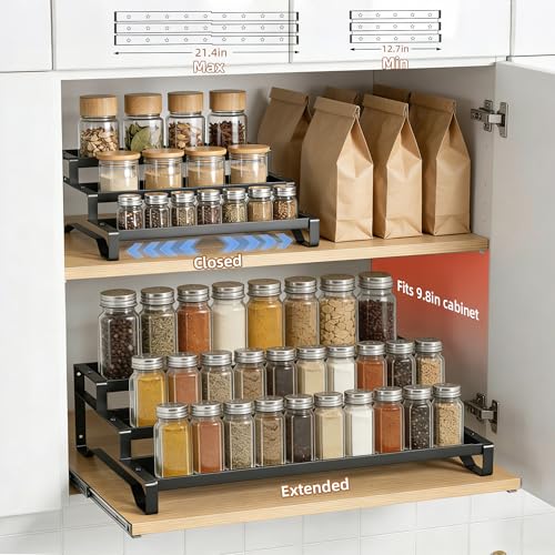 Expandable-Spice-Rack-Organizer-for-Cabinet-3-Tier-Spicy-Shelf-Black-1Pack-Adjustable-Length-13-21-Easy-to-See-Labels-Sturdy-Metal-Slip-Resistant-Guardrails-for-Jars-Cabinet-Countertop-Storage