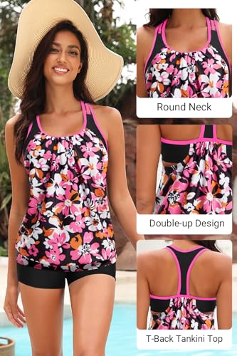 Image of Yonique Two Piece Tankini Bathing Suits T-Back Blouson Swim Tops with Boy Shorts Women Swimsuits Sporty Swimwear