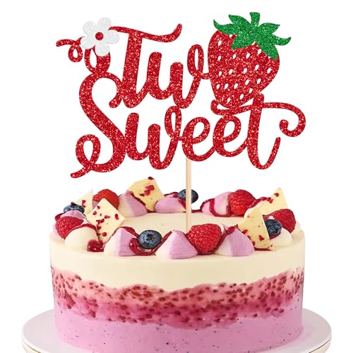 Rsstarxi 1 Pack Strawberry Two Sweet Cake Topper Glittery Happy 2nd Birthday Cake Decorations Sweet Two Cake Pick for Summer Fruit Berry Themed Second Birthday Party Decorations
