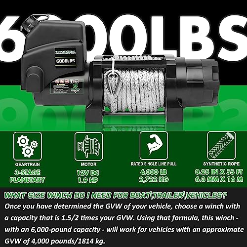 Zostera ZT-EW-006 Winch With 1/4"×55 Ft Synthetic Rope Electric Winch 12V 6000Lbs, Trailer Winch thumb #8