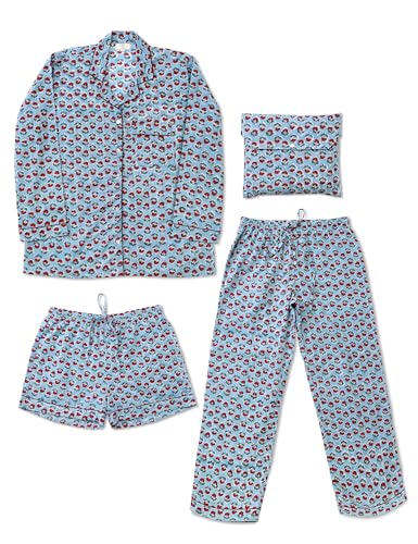 Image of Huar Women Pajama Set, 4 pcs Button Down Vacation Beach Cotton Set, Lounge wear PJ Set For Birthday