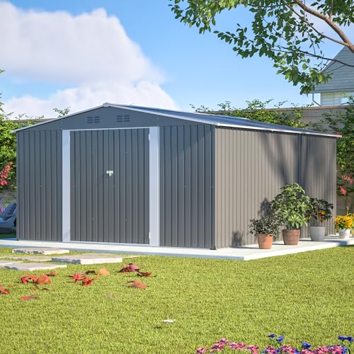 Image of YOPTO 12x14FT Outdoor Storage Shed Metal Shed W /Floor Frame,Garden Tool House W / 4 Air Vents,Lockable Double Doors & Sloped Roof,for Patio,Lawn,Backyard,Light Gray