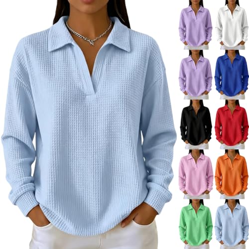 Long Sleeve Tee Shirts for Women Waffle Knit Basic Fit Tunic Holiday Tops - image 6