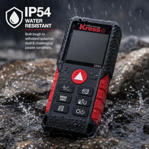 Image of Kress KI202 100M Cordless Laser Distance Measurer | ±1.5mm Accuracy | IP54 Waterproof | 1s Fast Measurement | LCD Reverse Display | 20 Memory Sets | Soft Grip Design | Includes Charger & Case