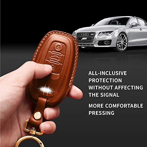 Image of Tukellen Compatible with Audi Key Fob Cover Genuine Leather with Keychain,Leather Key Case Key Shell Compatible with Audi R8 Q5 Q7 S3 S4 S5 S6 S7 S8 SQ5 RS5 RS7 A4 A5 A6 A7 A8 Keyless Entry-Brown