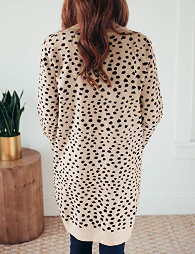 MEROKEETY Women's Open Front Knit Cardigan Winter Fall Sweater Dots Long Sleeve Pockets Coat Outwear, Khaki, S