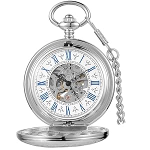 Tiong Vintage Pocket Watch Mechanical Steampunk Skeleton Roman Numerals Pocket Watches Pendant with Chain & Gift Box for Men