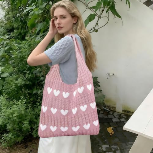 Kozdtiz Gestrickte UmhäNgetasche, 63 x 38 cm Gehäkelte Tragetasche, Tasche Crochet Bag, HerzföRmige Strandtasche, Aesthetic Gehäkelte Tasche Crochet Bag für Arbeit Reisen Schule und Einkaufe Rosa