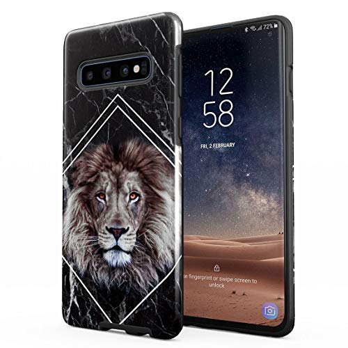 Cover Universe Coque House Étui pour Samsung Galaxy S10 Jungle Safari King Lion Mane Head Black Marble Block Case enveloppe de Protection Hybride Double-Couche PC Dur résistante aux Chocs + TPU