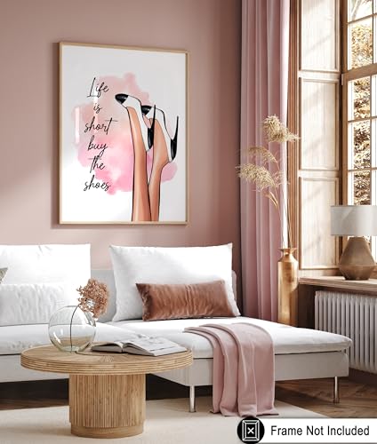 Image of Poster Master Life is Short Buy The Shoes Poster - Fashion Print - Trendy Art - Modern Art - Gift for Her & Fashionista - Luxury Haute Couture Decor for Bedroom or Girls Room, 18x24 Unframed Wall Art