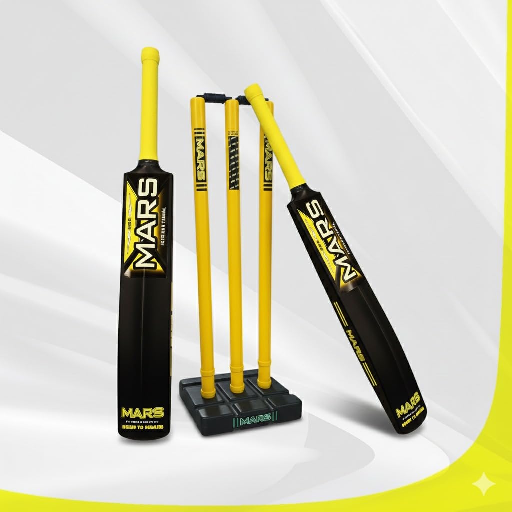 Mars Cricket Combo Set with Bat and Wicket, Heavy Duty Plastic, Black and Yellow, Full Size for All Ages, 2 Bats 3 Stumps 1 Stand-image-11