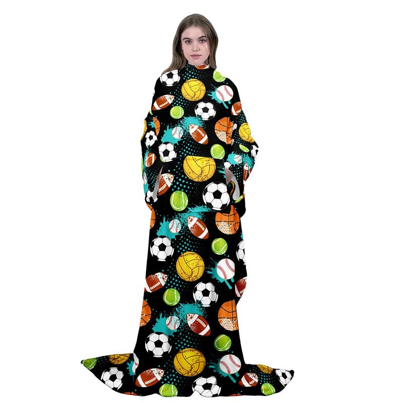 Ball Game Wearable Fleece Blanket with Sleeves for Adult Kids Women Men, Football Baseball Volleyball Micro Plush Comfy Wrap Sleeved Throw Blanket, Soft Plush Throw Blanket with Sleeves, 50"x70"