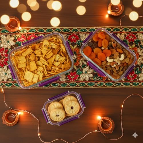 Image of PEARLPET Luxeseal Airtight Food Storage Containers | 3-Piece Rectangular Jar Set | 400ml, 900ml, 1600ml | BPA-Free PET, Stackable, Festive Gift Set, Purple