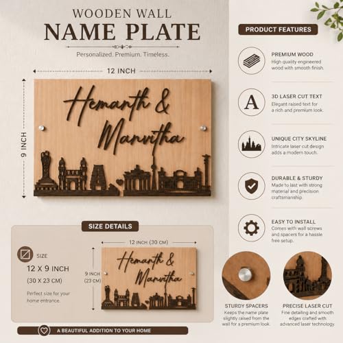 Image of Personalized Wooden Name Plate 12x7 Inch Custom Couple Name Board for Home Door Decorative Wall Name Sign with Golden Acrylic Letters Modern Entrance Name Plate