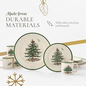 Spode Christmas Tree 12 Piece Dinnerware Set Service for 4 Festive Holiday Tableware Collection with Plates and Mugs Fine Earthenware Christmas Dinnerware Microwave Dishwasher Safe