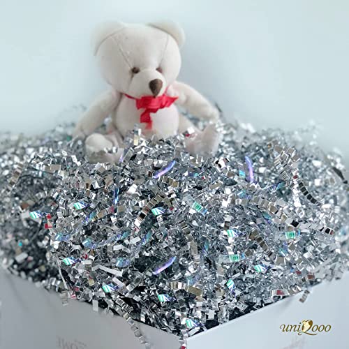 Uniqooo 1 Lb Metallic Iridescent Silver Crinkle Cut Paper Shredded Filler, Sparkle Crystal Unicorn Silver Paper Shreds Raffia Tissue, Craft Bedding Cushion For Christmas Wedding Birthday Bridesmaid Engagement Gift Box Basket Bags Packaging #TOP1