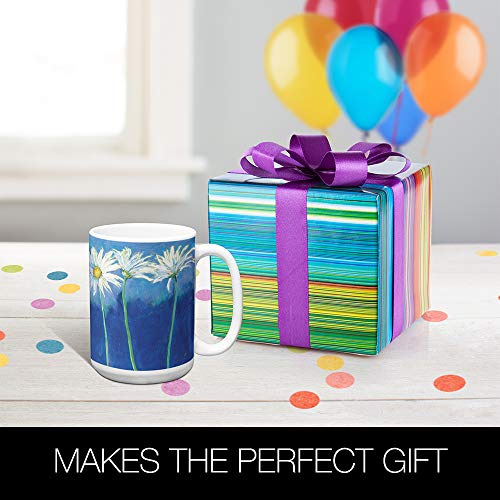 Daisies On Blue Floral Coffee Mug - Large 15-Ounce Ceramic Cup, Full-Size Handle - Nel Whatmore - Gift For Flower Lovers - Tree-Free Greetings #TOP4