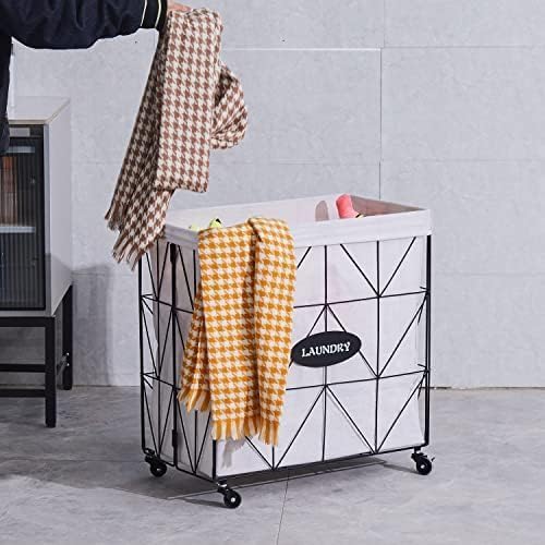 Miniatura 5 de Mxfurhawa Cesta plegable para la ropa sucia con ruedas, capacidad y forro extraíble, marco de metal resistente para almacenamiento y transporte de