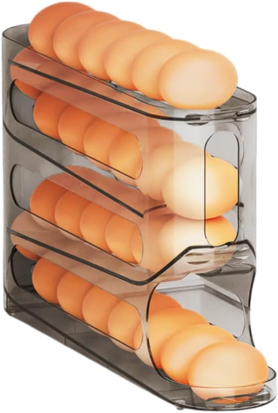 4-Tier Auto Rolling Clear Egg Holder for Fridge, Large Capacity Storage Egg Dispenser for Eggs 30 Count, Food Grade Material,Clear Space Saving Egg Trays Container（Clear Grey）