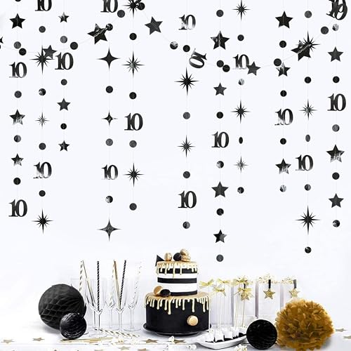 Image of Black 10th Birthday Decorations Number 10 Circle Dot Twinkle Star Garland Metallic Hanging Streamer Banner Backdrop for Girls Boys Double Digits Ten Year Old Birthday 10th Anniversary Party Supplies