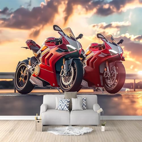 Papier Peint Intissé Sport Moto Rouge 200x140 cm Papier Peint Panoramique Moderne, Tableaux Muraux Tapisserie Photo, Papier Peint Mural pour Salon, Chambre,...