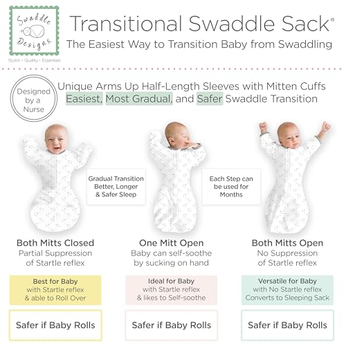 Image of SwaddleDesigns Transitional Swaddle Sack, Arms Up Half-Length Sleeve & Mitten, Most Gradual Transition Swaddle for Newborn