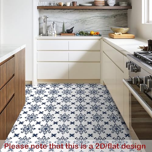 Image of Nuxovilar Peel and Stick Vinyl Floor Tiles, 11.8 inchx11.8 inch | Navy Blue Damask Pattern, 10-Pack Self-Adhesive Flooring