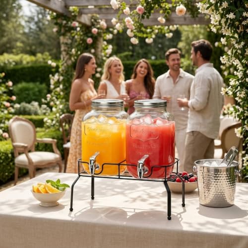 2Pcs 1 Gallon Glass Drink Dispensers for Parties, Beverage Dispenser with Stand, Spigots & Cleaning Brush, Retro Embossed Juice Containers with Airtight Lids for Wedding Picnic BBQ & Buffet by TIMCORR - Used condition - Image 3
