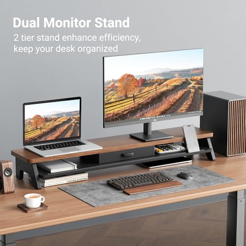 AFOOYO Dual Monitor Stand Riser,LED 2-Tier 39.3 Inch Computer Monitor Stand for 2 Monitors,Office Desktop Organizer with Storage Drawer and Phone Holder for Laptop,PC,Computer,Printer,Walnut by AFOOYO - Used condition - Image 2