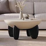 homary Round Concrete Coffee Table with Premium Walnut Ash Wood Legs, Modern Minimalist Cement Finish Center Table for Living Room (Black, 29.9" W x 29.9" D x 14.4" H)