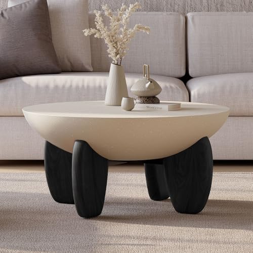 homary Round Concrete Coffee Table with Premium Walnut Ash Wood Legs, Modern Minimalist Cement Finish Center Table for Living Room (Black, 29.9" W x 29.9" D x 14.4" H)