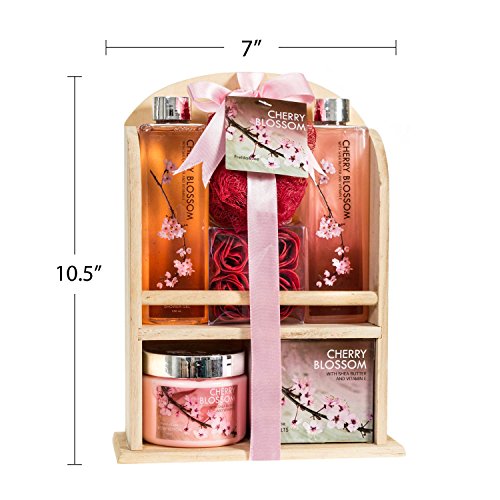 Home Spa Gift Basket - Deluxe Cherry Blossom Fragrance - Luxury Bath & Body Set For Women - Contains Shower Gel, Bubble Bath, Bath Salts, Body Lotion, Bath Puff, Pink Bath Rose Soaps in Wooden Curio - Thumbnail 2