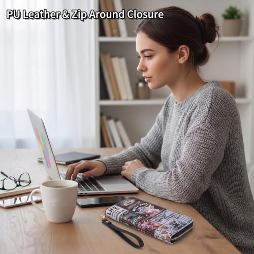 Image of Checkered Highland Cow Print Book Wallet For Women Skull Goth Frog Butterfly Ladies Cluth Wristlet Wrist Strap Long Purse Zip Around Card Holder