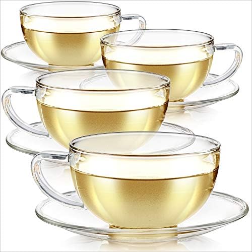 Teabloom Kyoto Teacup and Saucer Set 4-Pack – Standard Teacup Size – 6 OZ/ 180 ML Capacity – Crystal Clear Design –– Healthful Premium Borosilicate Glass – Heat Resistant, Microwave Safe