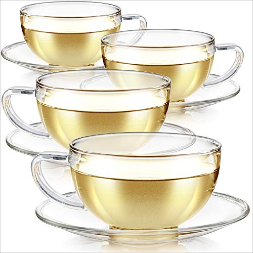 Teabloom Kyoto Teacup And Saucer Set 4-Pack – Standard Teacup Size – 6 Oz/ 180 Ml Capacity – Crystal Clear Design –– Healthful Premium Borosilicate Glass – Heat Resistant, Microwave Safe #TOP6