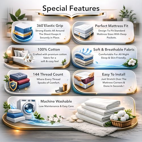 Image of Divine Casa Fitted Sheet for Double Bed (200 x 150 CM) with 2 Pillow Covers | 100% Cotton Double Fitted Bedsheet | Elastic Mattress Sheet 200x150 | Non Slip All Around Elastic