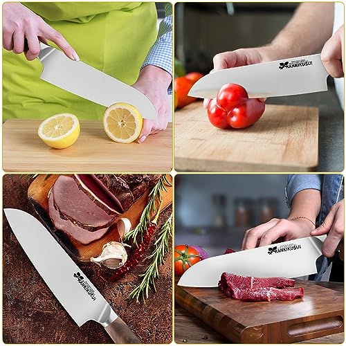 KANKIKUSUI Chef Knife 7" with Sheath/Sharpener/Polishing Cloth/Gift Box, 70CR17MOV High Carbon Superior Japanese Steel — view 2
