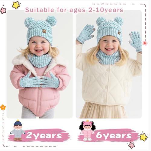 Image of Kids Winter Hat Gloves Scarf Set,Toddler Girls Winter Hat Kids Beanie with Pom Neck Warmer Gaiter Mittens Fleece Lined Set