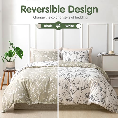 Image of Lekesky Queen Size Duvet Cover Set, Reversible Duvet Cover Queen with Branch Pattern, Lightweight Soft Microfiber Comforter Cover, 3 Pieces Khaki Bedding Set with Zipper and 2 Pillowcases