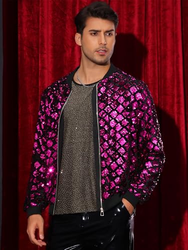 Image of Lars Amadeus Argyle Sequin Bomber Jacket for Men's Party Club Shiny Baseball Varsity Jacket