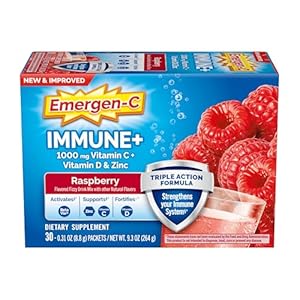 Emergen-C Immune+ Triple Action Immune Support Powder, BetaVia (R), 1000mg Vitamin C, B Vitamins, Vitamin D and Antioxidants, Raspberry – 30 Count