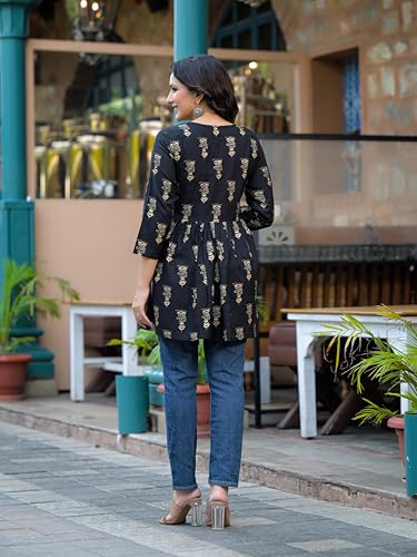 Image of Women's Black Printed Cotton Top | Round Neck, 3 /4 Sleeves & Flared Fit | Casual Wear