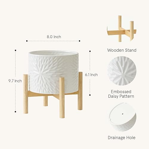Miniatura 8 de Maceta de cerámica con soporte de madera, cilindro con relieves de margaritas para flores de 8.0pulgadas con agujero de drenaje, para interiores,