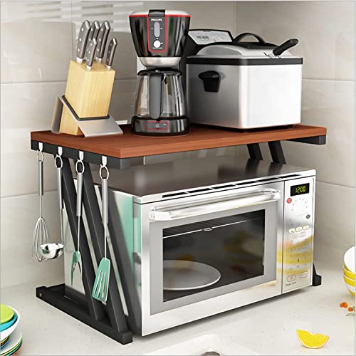 Image of REMANENCE 2-Layer Microwave Stand, Kitchen Platform Oven Stand Rack, Toaster Organizer with Storage Shelf Metal and Wood | Stand for Microwave (Walnut Brown with Black Frame)