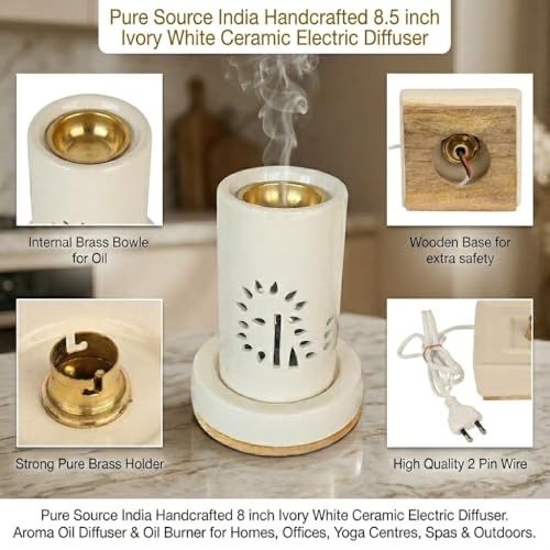 Image of Pure Source India Handcrafted 8.5 inch Ivory White Ceramic Electric Diffuser, Aroma Oil Diffuser, Oil Burner for use in Homes, Offices, Yoga Centre, Spa as Well as Outdoors